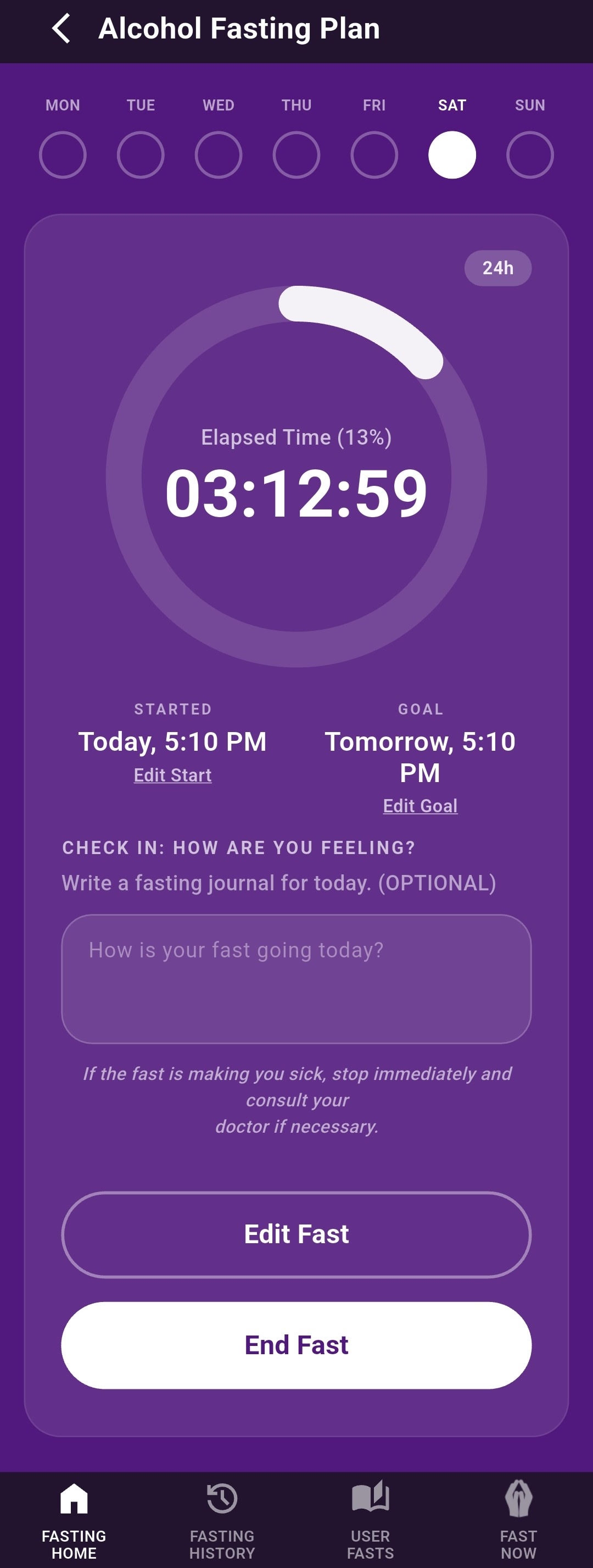 Alcohol fasting timer screen